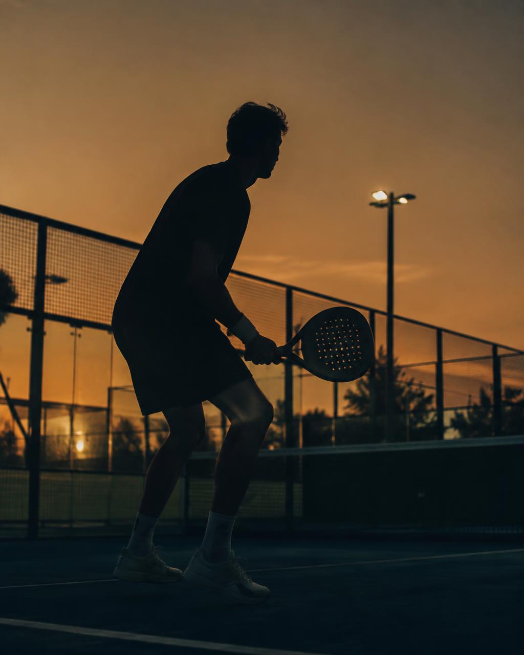 Padel player mid-swing on a court at dusk